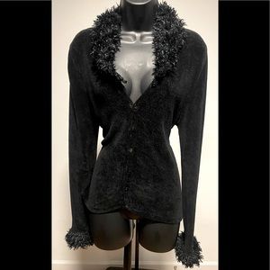 Black Fringe Collar & Sleeve Cardigan by Lord & Taylor